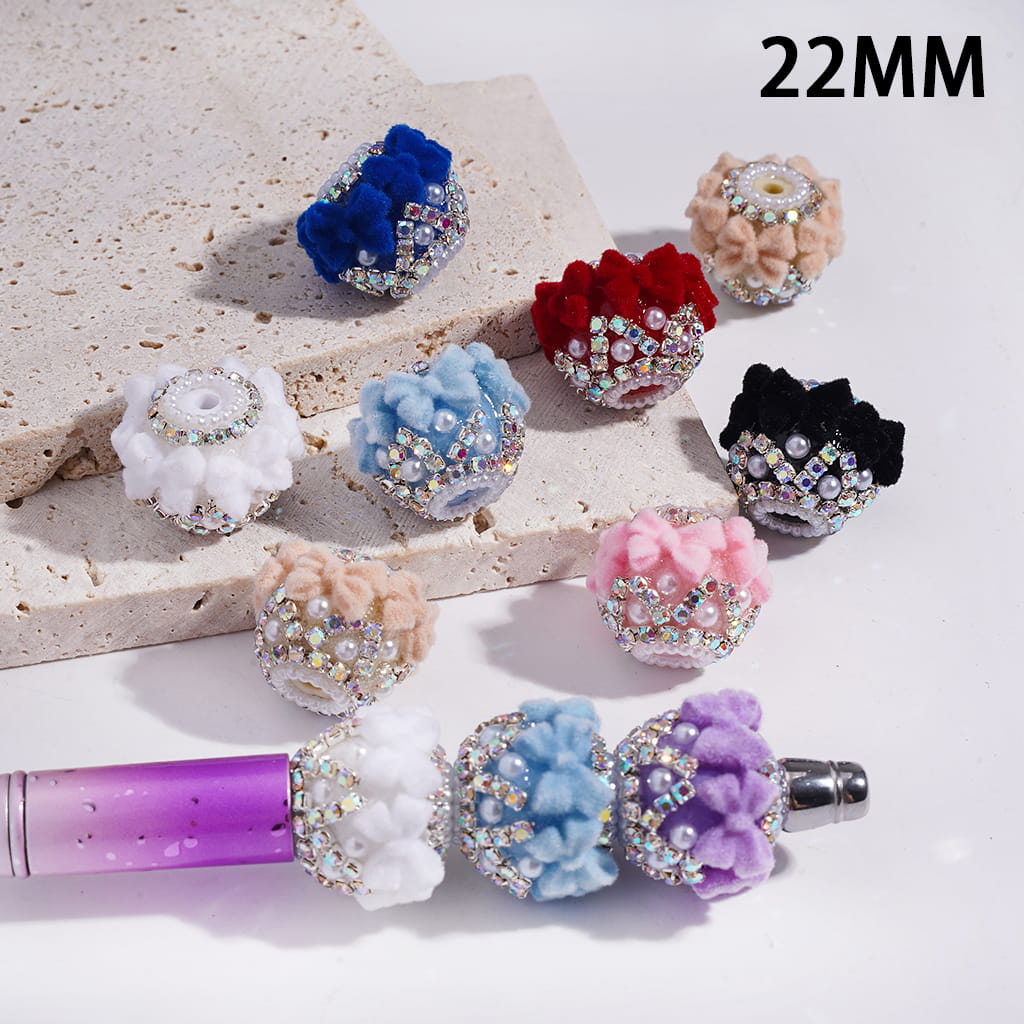 Acrylic Beads with Flocked Fluffy Bowtie, White Pearls and AB Rhinestone Chains, 22MM, Multi-Color