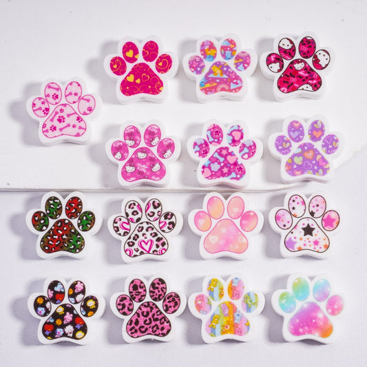 Silicone Focal Beads Cute Paw with Different Prints, Random Mix