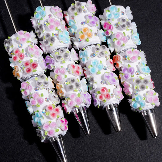 Beadable Clay Pens with Three Rose Flower Green Leaf and AB Rhinestones