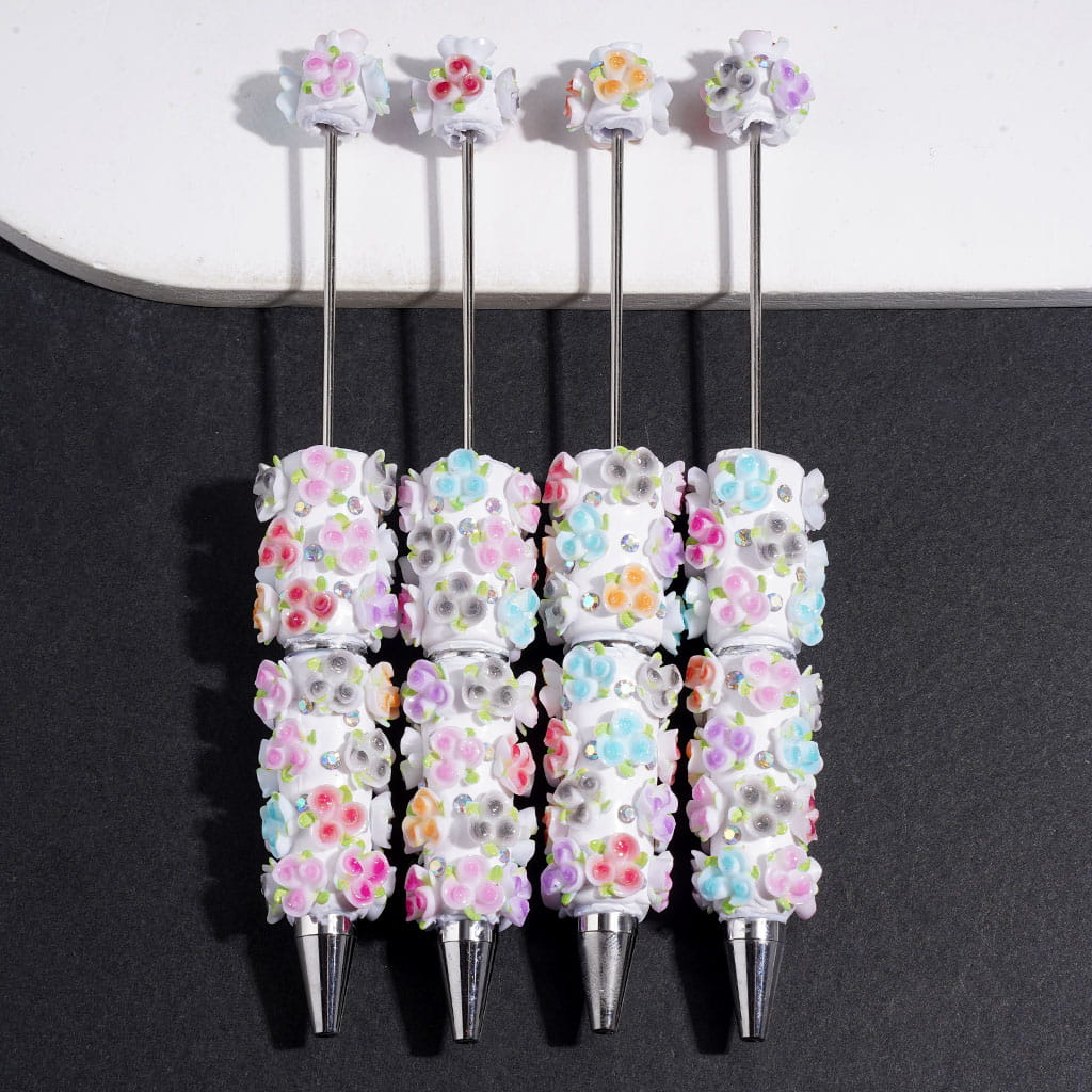 Beadable Clay Pens with Three Rose Flower Green Leaf and AB Rhinestones