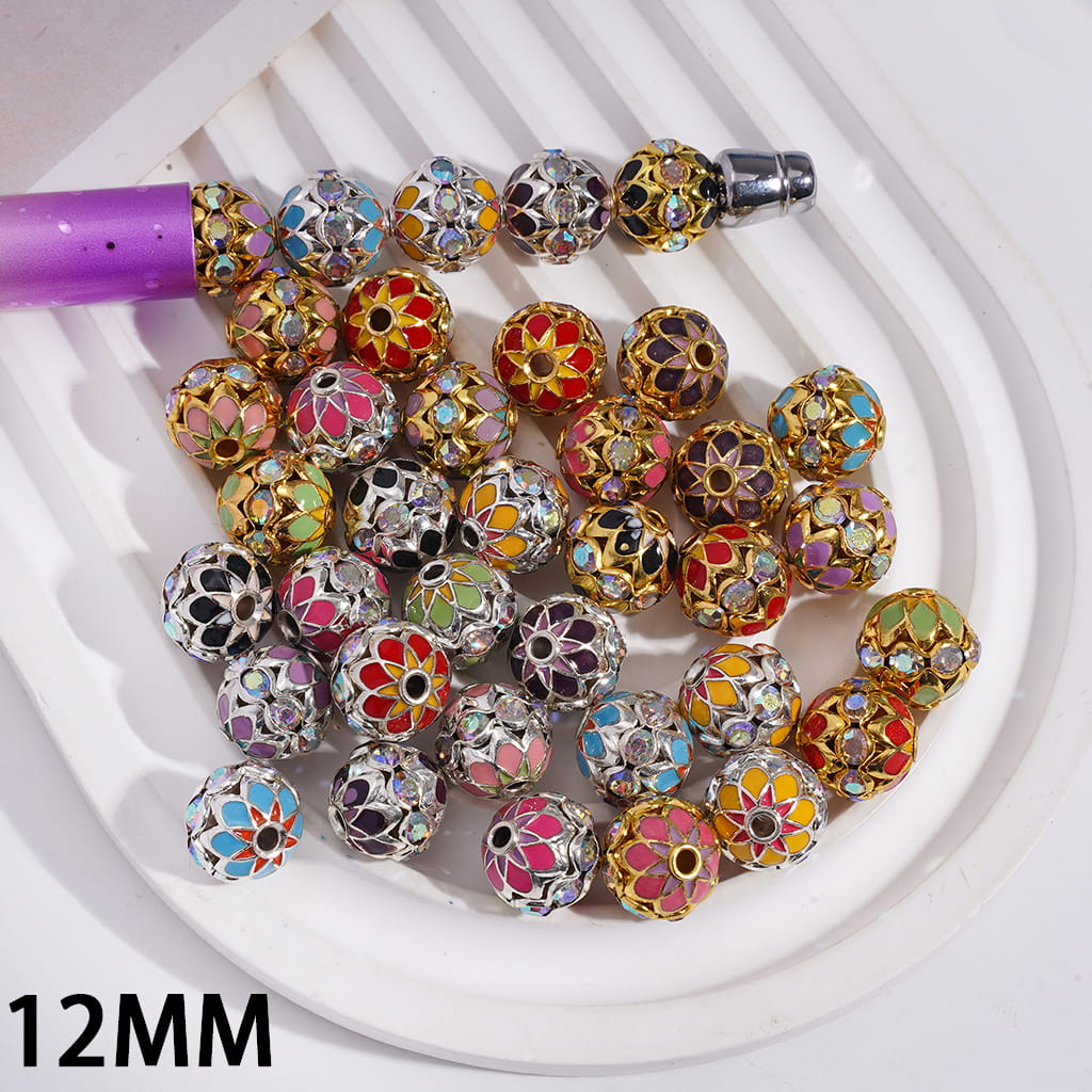 Alloy Beads with Lotus Flower Base on Both Sides and Central AB Rhinestones, 12MM, Gold and Silver
