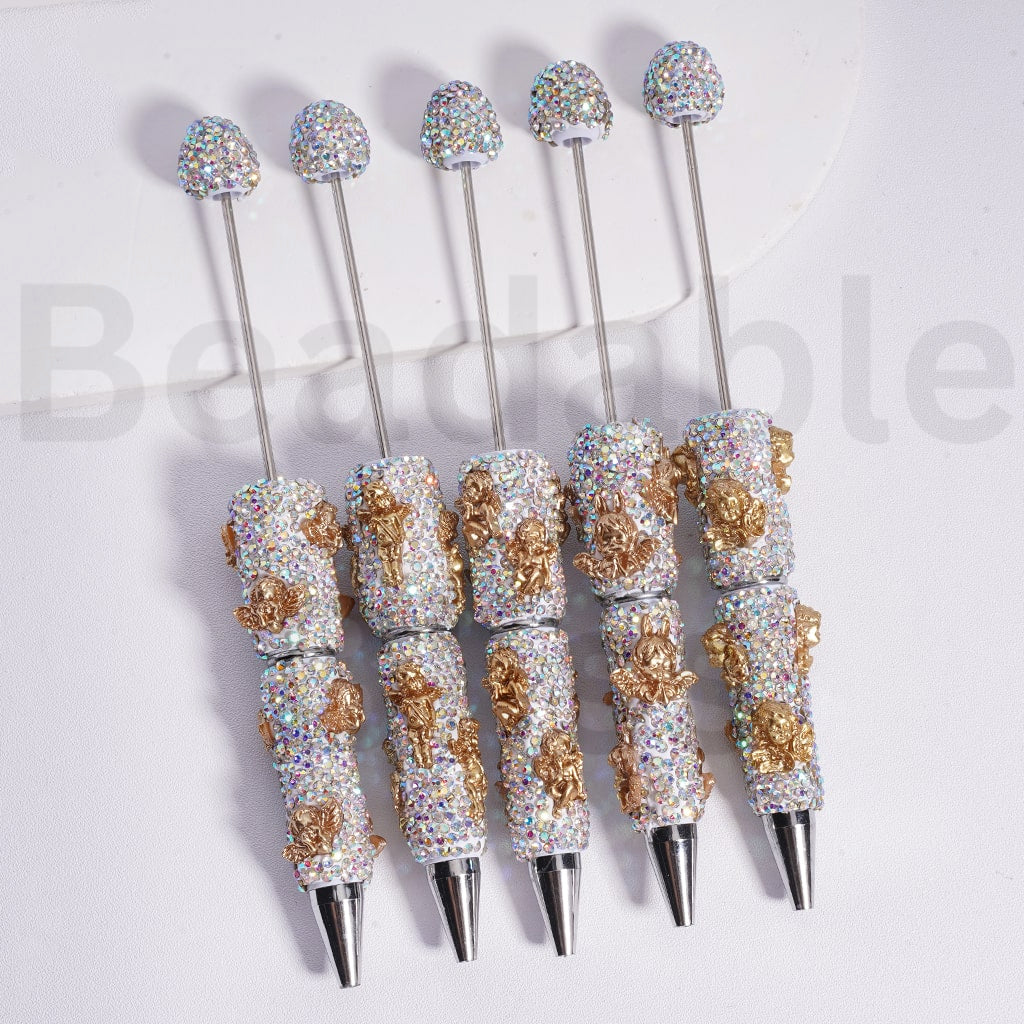 Beadable Clay Pens with AB Rhinestones Little Cute Gold God of Love Cupi with Wings