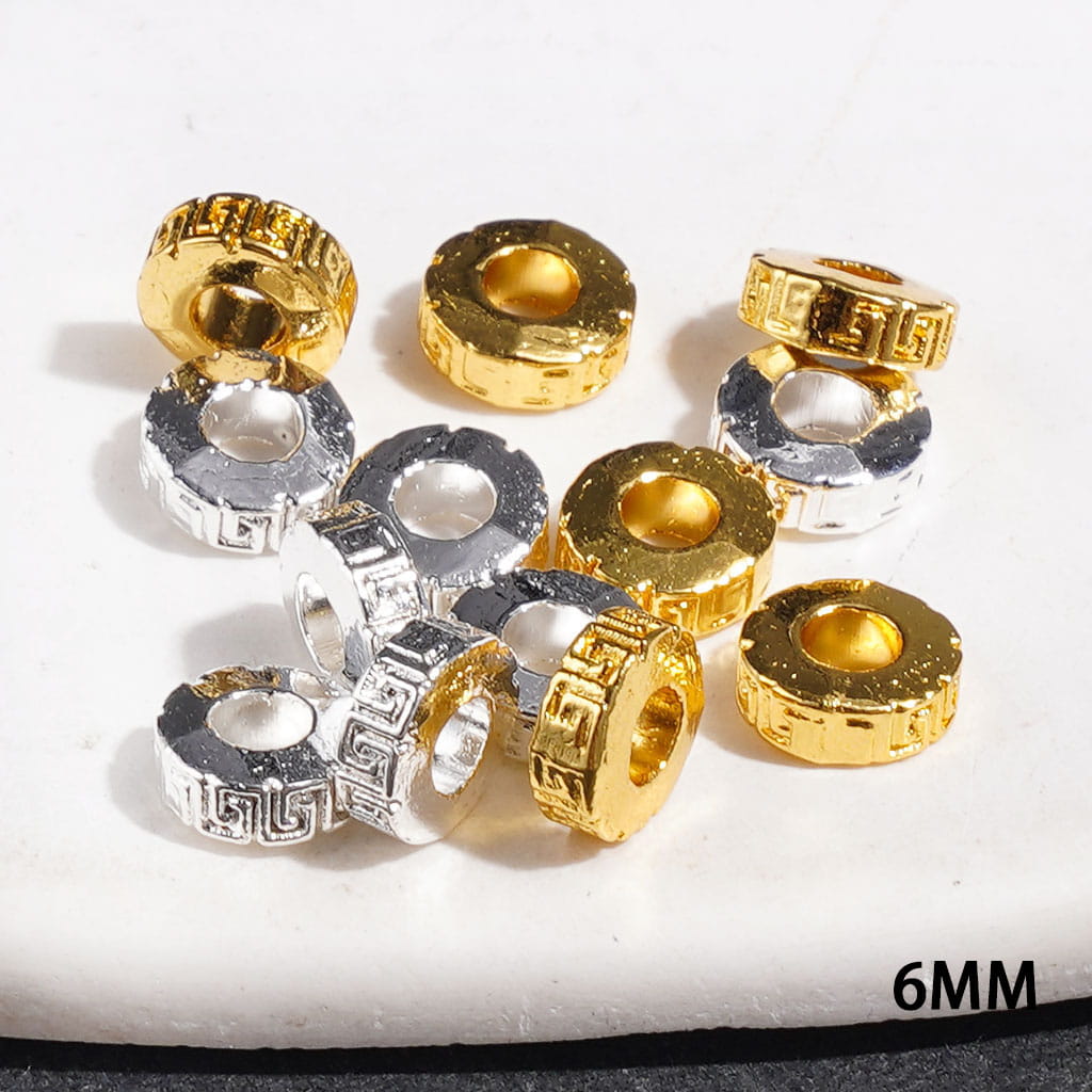 Metal Beads with Vintage Chinese Fret Texture, Jewelry Accessories, 6MM Silver and Gold