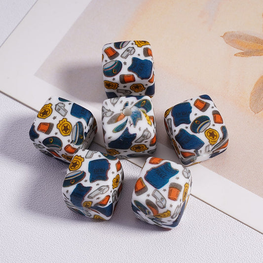 Police Officers Series Printed Cube Square Silicone Beads 14MM
