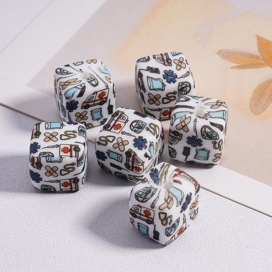 Medical Hospital Series  Printed Cube Square Silicone Beads 14MM