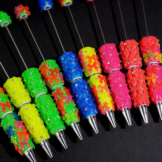 Beadable Clay Pen with Bow and AB Rhinestones in Neon Color, Random Mix
