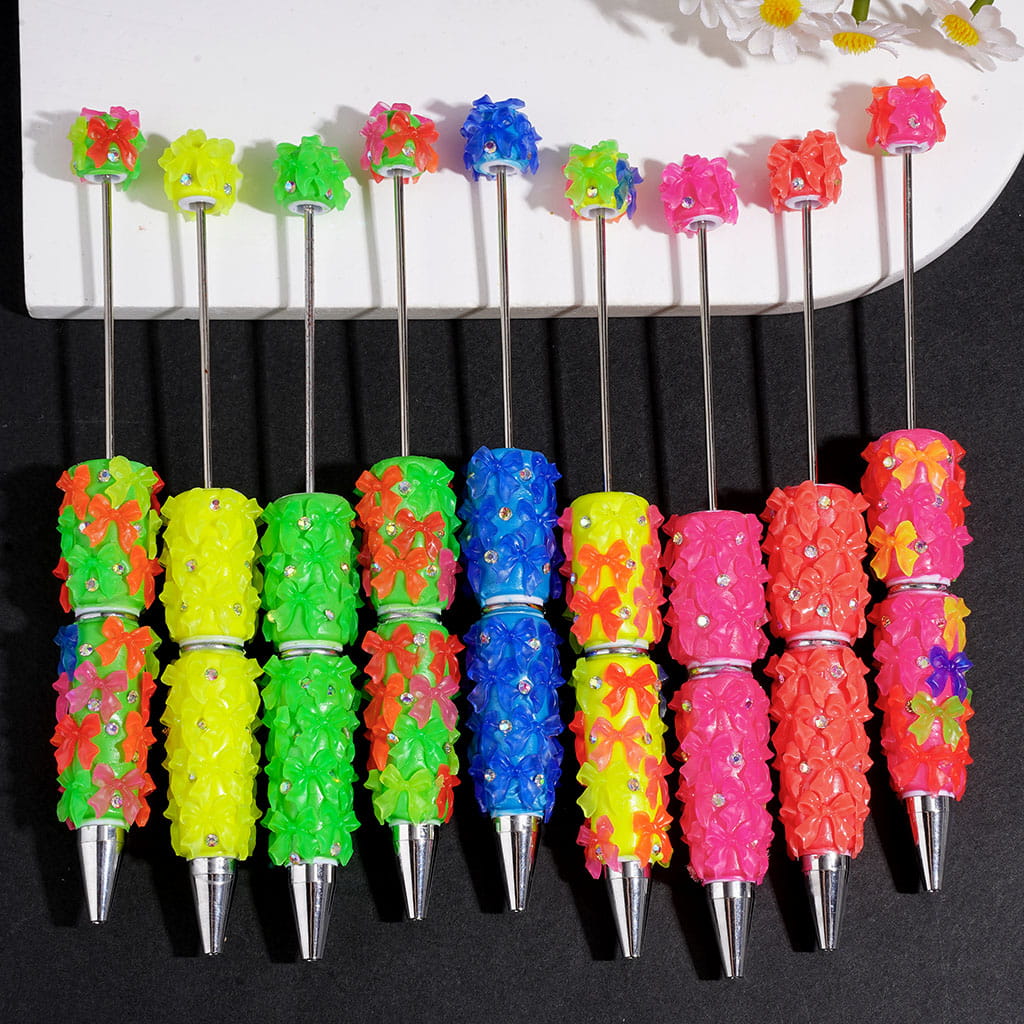 Beadable Clay Pen with Bow and AB Rhinestones in Neon Color, Random Mix