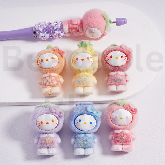 Acrylic Beads Flocked Cute Hello Kitt with Fruits Costume Around 45*30MM, Random Mix