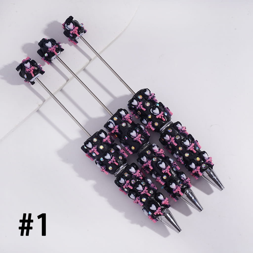 Beadable Clay Pens with Lollipop and Heart Magic Wand with Bowtie, AB Rhinestones, Black Pink Series