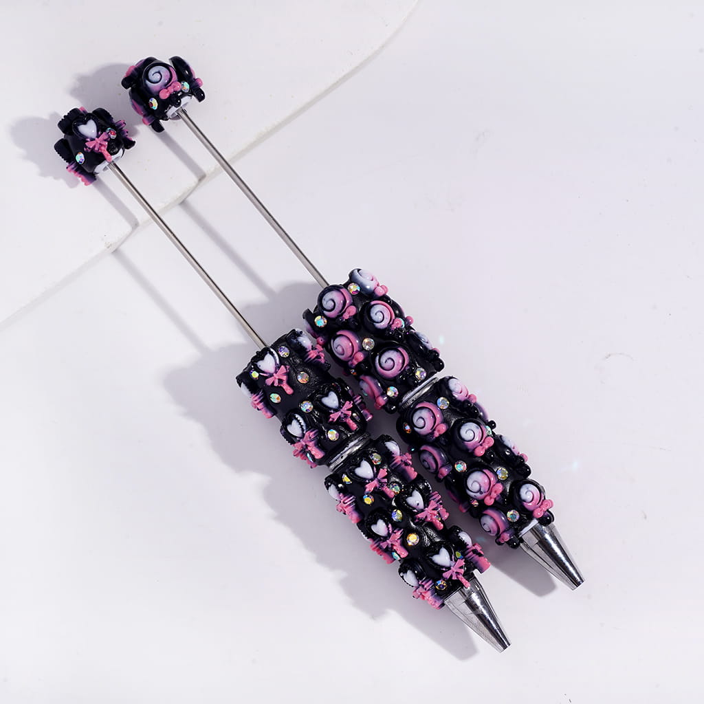 Beadable Clay Pens with Lollipop and Heart Magic Wand with Bowtie, AB Rhinestones, Black Pink Series