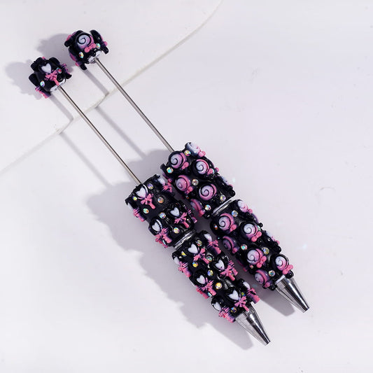 Beadable Clay Pens with Lollipop and Heart Magic Wand with Bowtie, AB Rhinestones, Black Pink Series