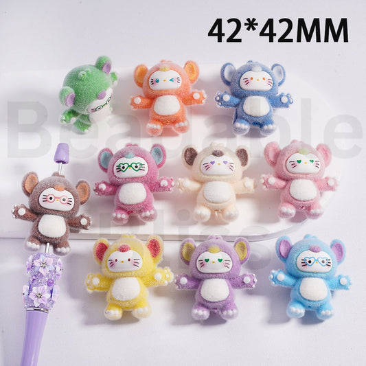 Acrylic Beads Flocked Cute Hello Kitt with Cool Glasses in Stitc Costume Multi-Color 42*42MM, Random Mix