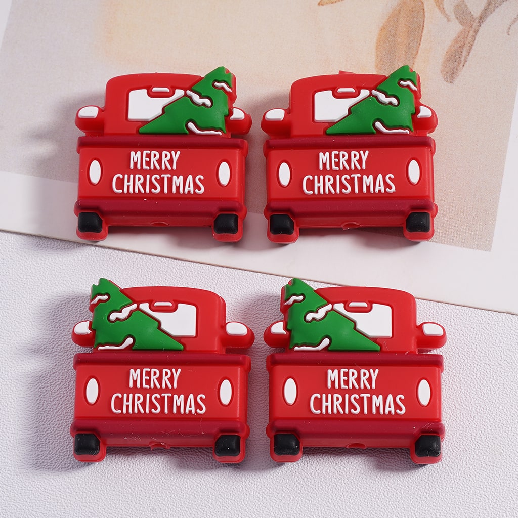 Silicone Focal Beads Merry Christmas A Red Truck Loaded with a Christmas Tree