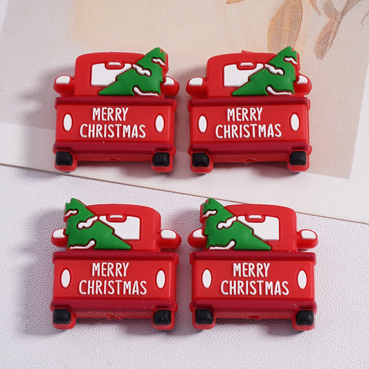 Silicone Focal Beads Merry Christmas A Red Truck Loaded with a Christmas Tree