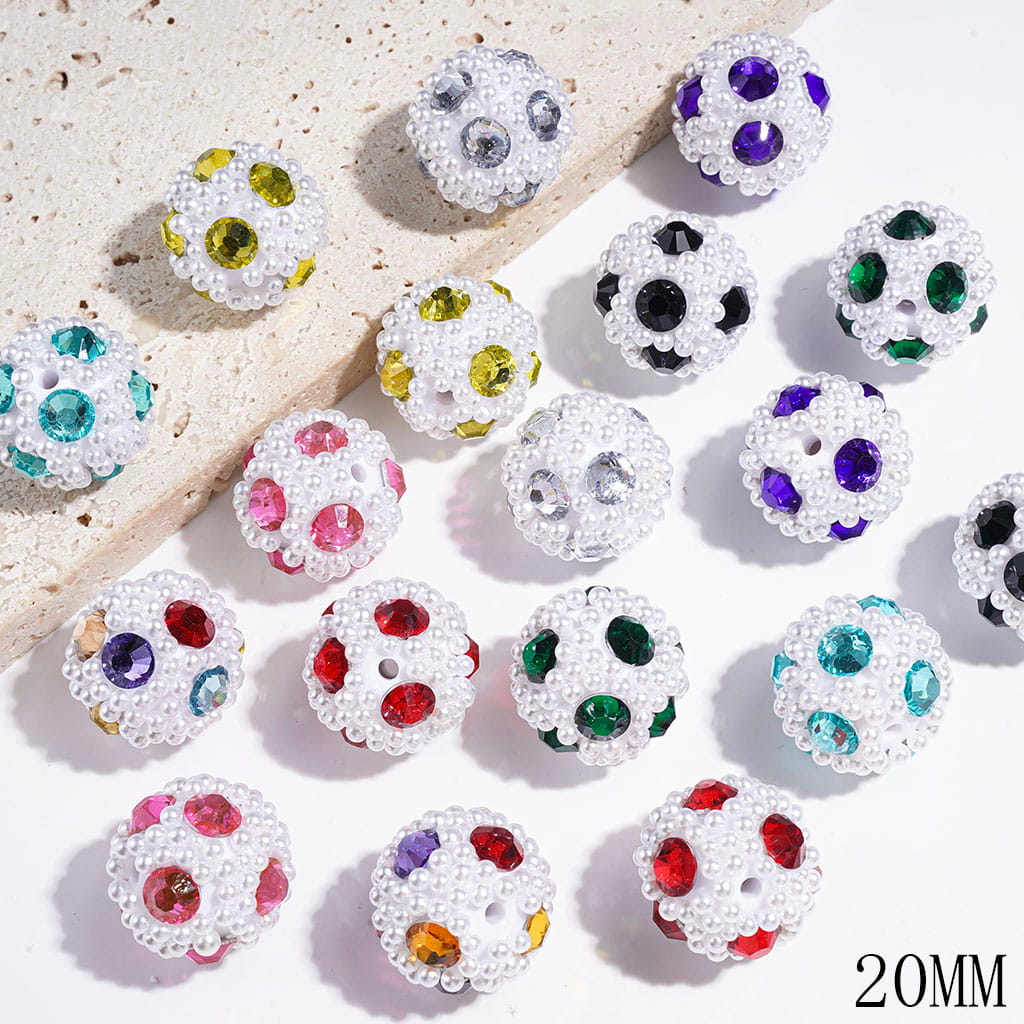 Handmade Acrylic Beads with Cone Shaped Rhinestone and White Pearl Chains, 20MM Multi-Color