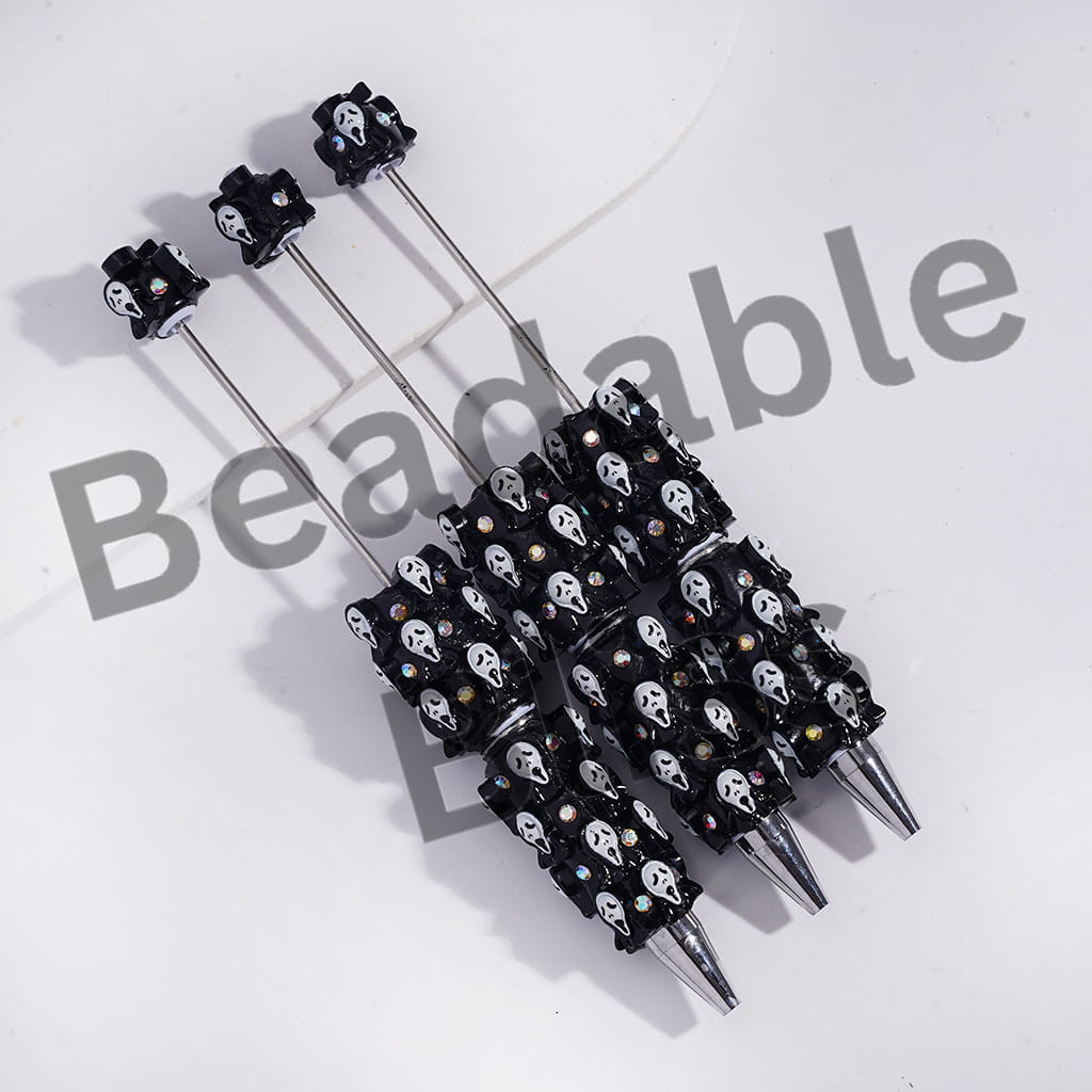 Beadable Clay Pens with Horror Mask on White and Black Background, AB Rhinestones