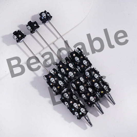 Beadable Clay Pens with Horror Mask on White and Black Background, AB Rhinestones