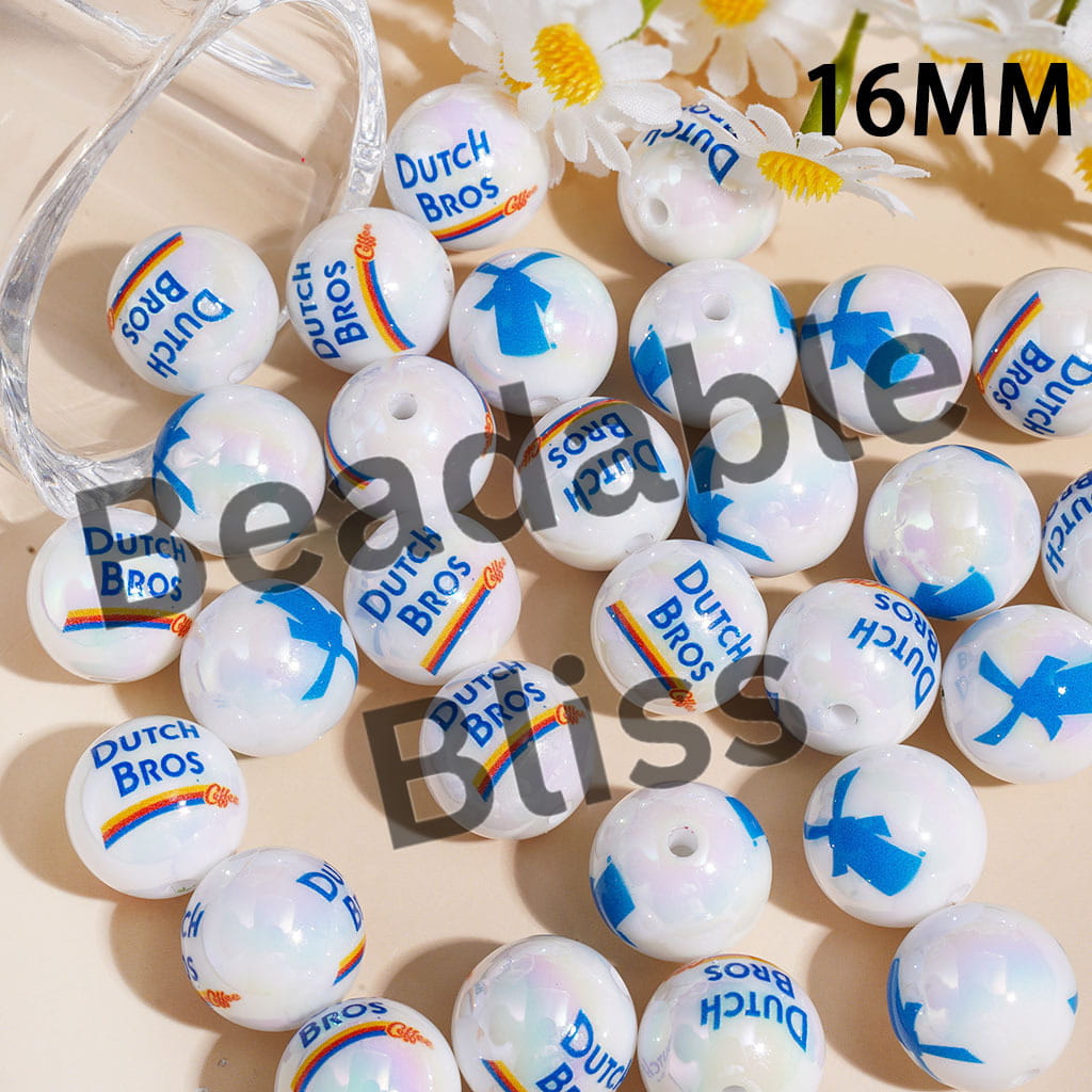 UV Coated Acrylic Beads for Bracelets Blue Windmill Coffee Theme, 16MM, Random Mix