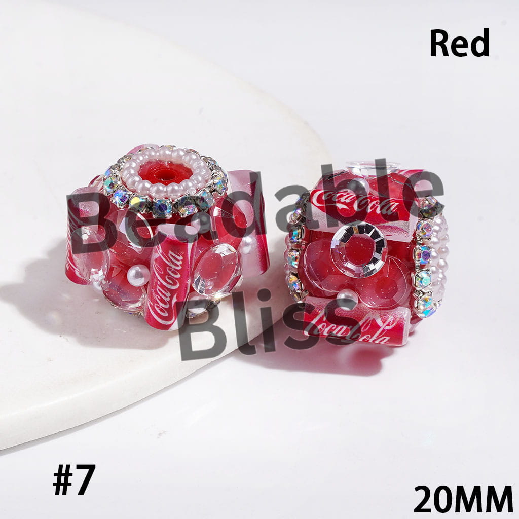 Handmade Acrylic Sugar Beads with Soft Drink Can and Big Cone Shaped Rhinestones,  AB Rhinestone and White Pearl Chains, 20MM Multi-Color