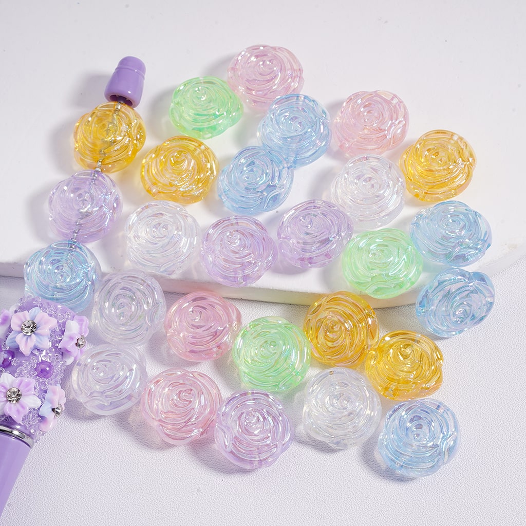 Acrylic Beads UV Coating Cute Flat Rose Flower Multi-Color 16*17MM, Random Mix