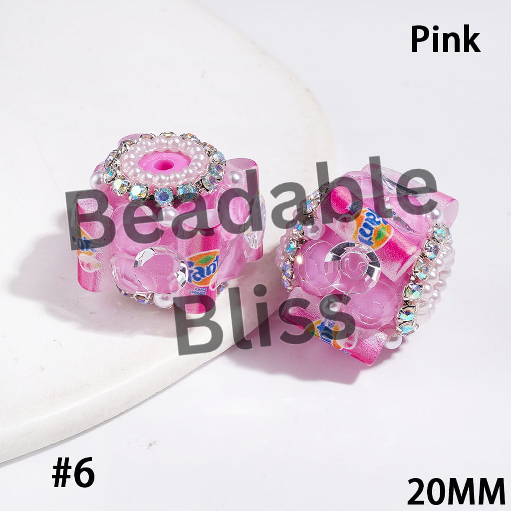 Handmade Acrylic Sugar Beads with Soft Drink Can and Big Cone Shaped Rhinestones,  AB Rhinestone and White Pearl Chains, 20MM Multi-Color