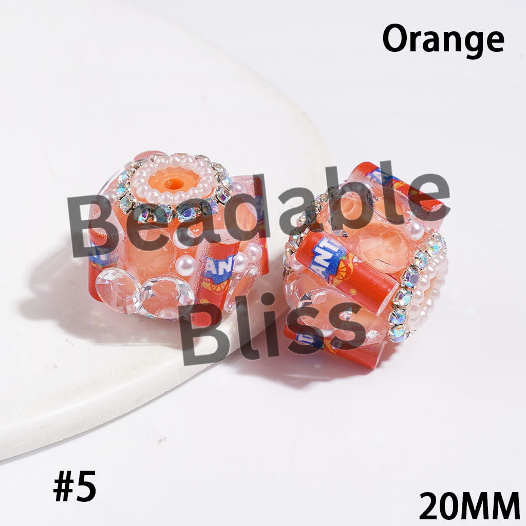 Handmade Acrylic Sugar Beads with Soft Drink Can and Big Cone Shaped Rhinestones,  AB Rhinestone and White Pearl Chains, 20MM Multi-Color