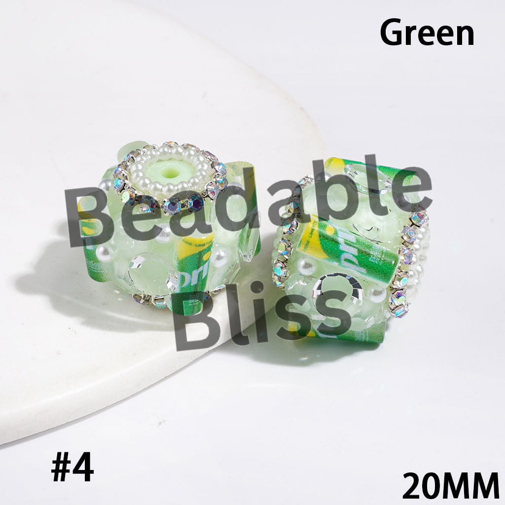 Handmade Acrylic Sugar Beads with Soft Drink Can and Big Cone Shaped Rhinestones,  AB Rhinestone and White Pearl Chains, 20MM Multi-Color