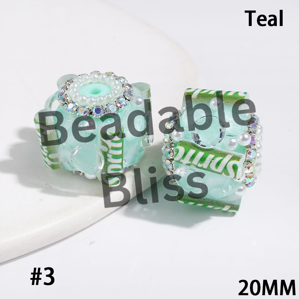 Handmade Acrylic Sugar Beads with Soft Drink Can and Big Cone Shaped Rhinestones,  AB Rhinestone and White Pearl Chains, 20MM Multi-Color