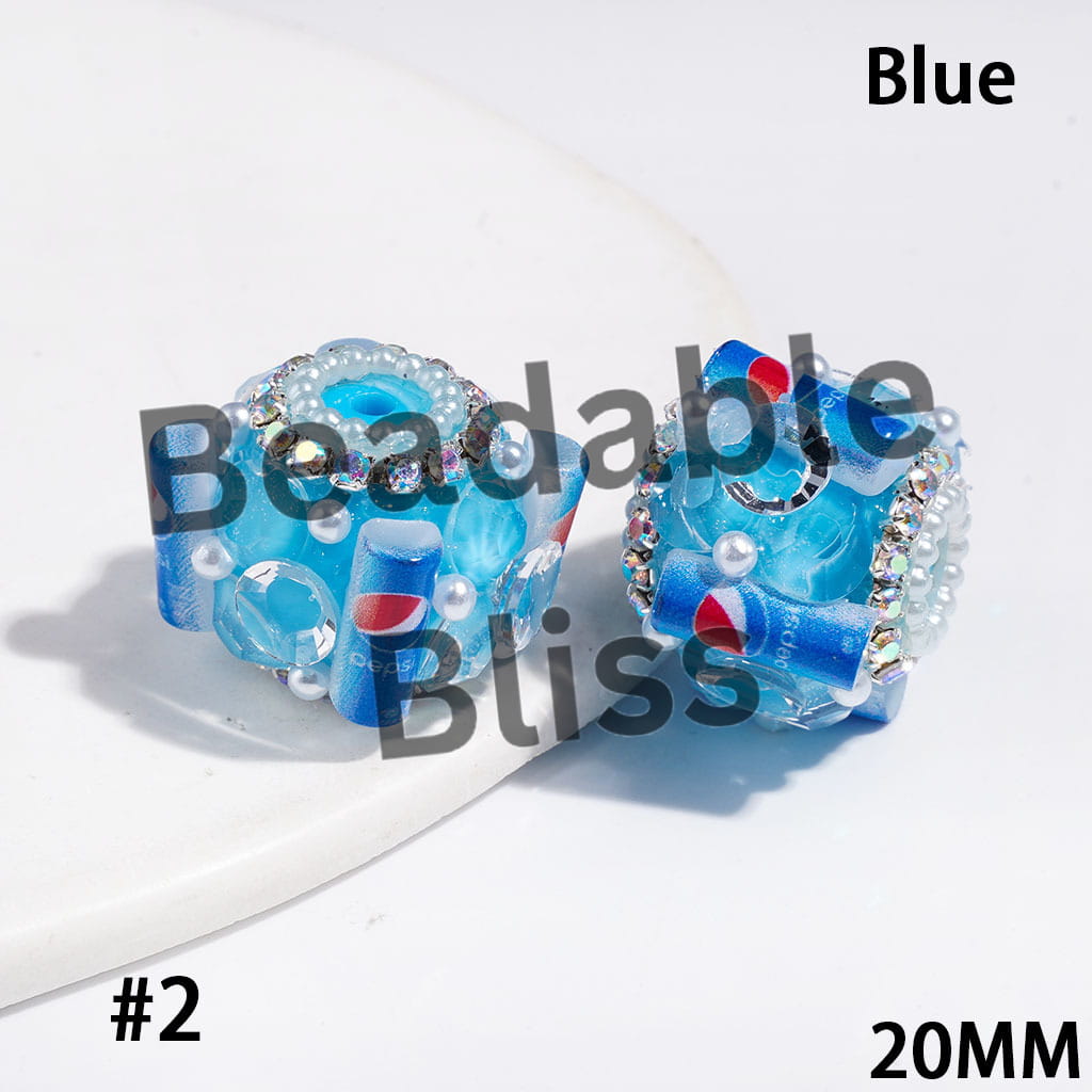 Handmade Acrylic Sugar Beads with Soft Drink Can and Big Cone Shaped Rhinestones,  AB Rhinestone and White Pearl Chains, 20MM Multi-Color