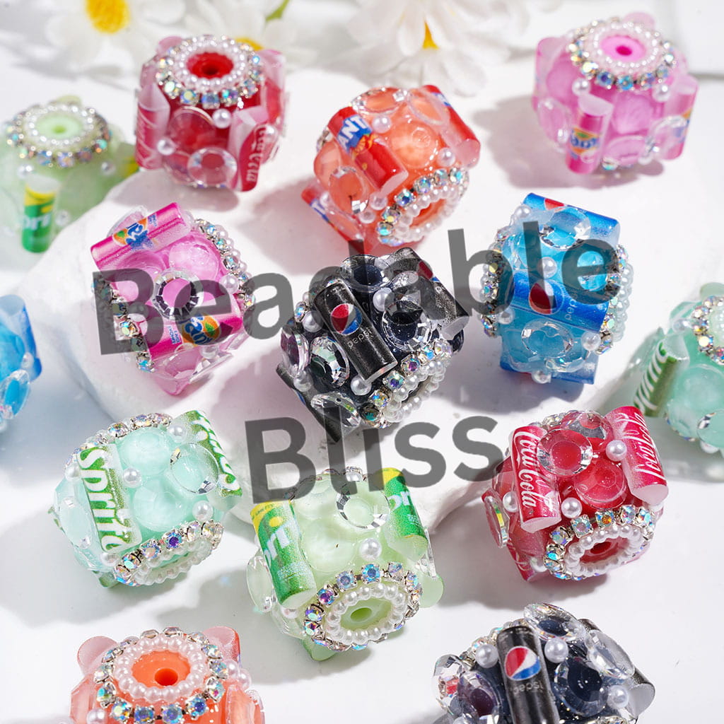 Handmade Acrylic Sugar Beads with Soft Drink Can and Big Cone Shaped Rhinestones,  AB Rhinestone and White Pearl Chains, 20MM Multi-Color