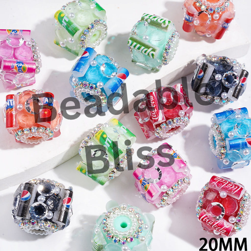 Handmade Acrylic Sugar Beads with Soft Drink Can and Big Cone Shaped Rhinestones,  AB Rhinestone and White Pearl Chains, 20MM Multi-Color