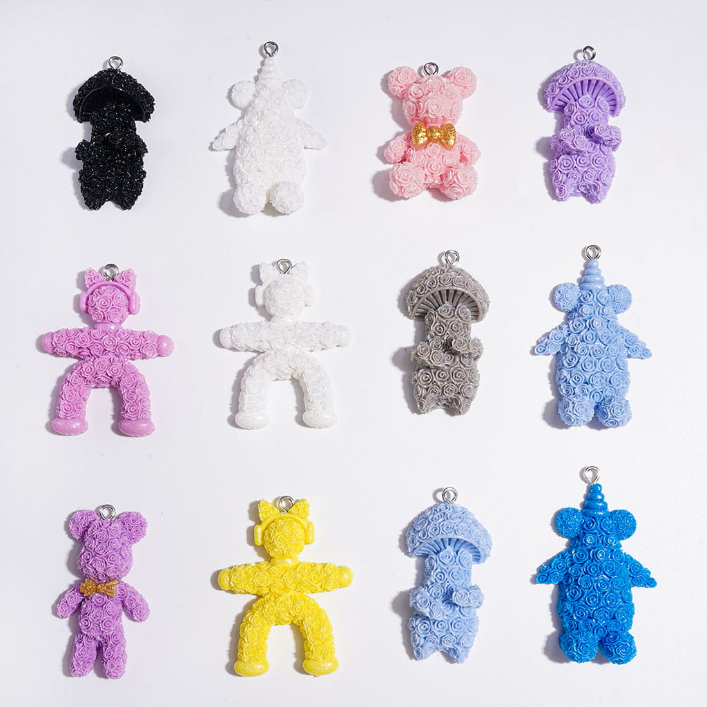 Acrylic Pendants Bear and People Shape with Rose Flower in Various Poses, Multi-Color Random Mix