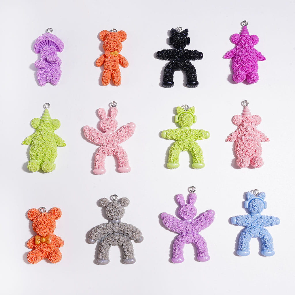 Acrylic Pendants Bear and People Shape with Rose Flower in Various Poses, Multi-Color Random Mix