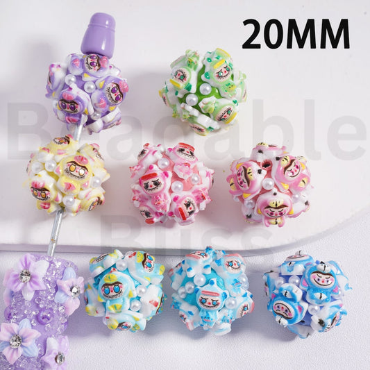 Clay Beads Cute Labub Monster Pop Mar with White Pearls Multi-Color 20MM