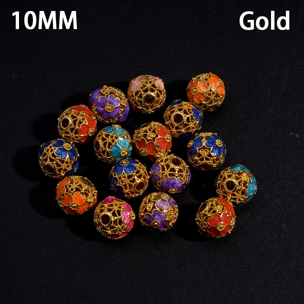 Alloy Beads with Four Leaf Clover Flowers and Hollowed Scroll Texture, 10MM, Gold and Silver