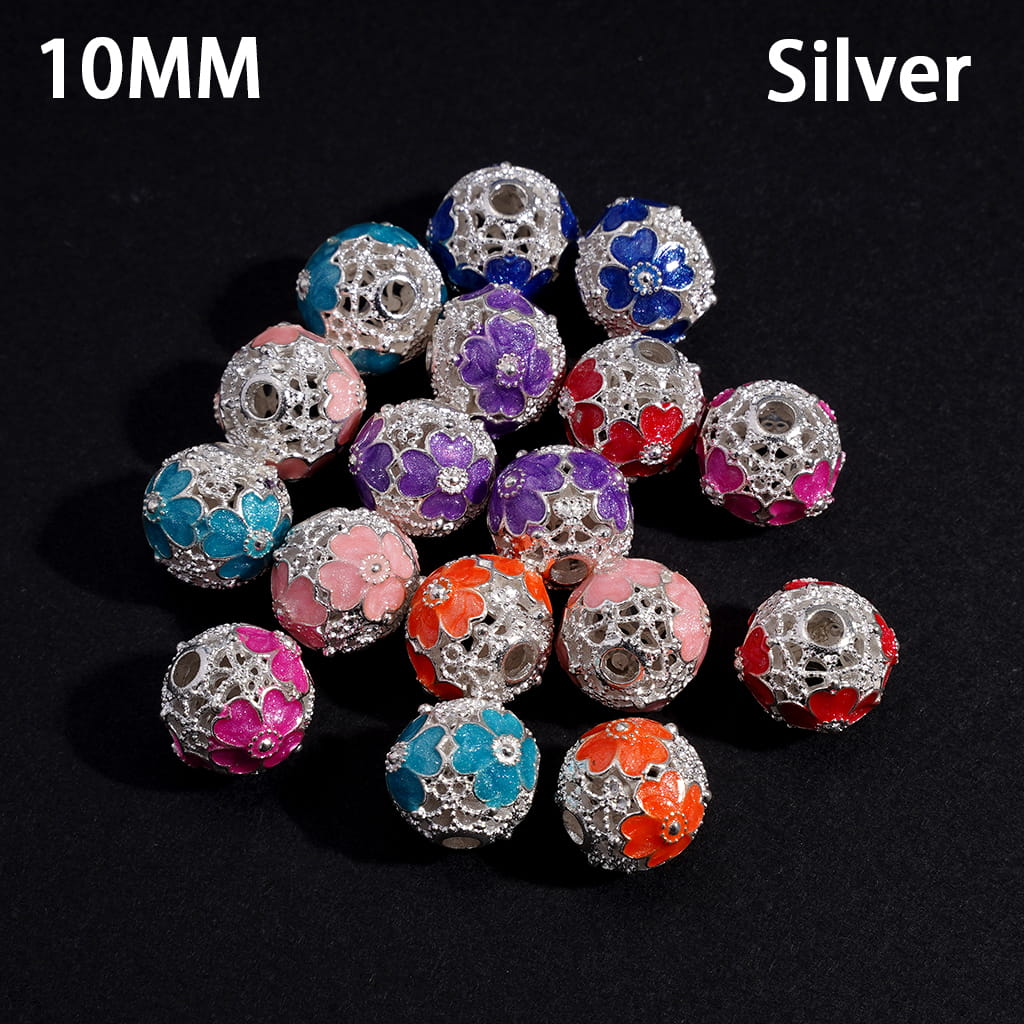 Alloy Beads with Four Leaf Clover Flowers and Hollowed Scroll Texture, 10MM, Gold and Silver