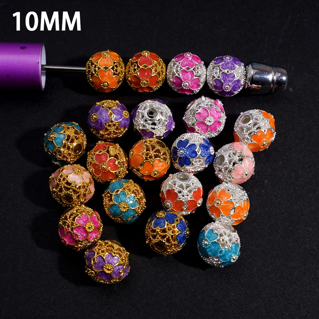 Alloy Beads with Four Leaf Clover Flowers and Hollowed Scroll Texture, 10MM, Gold and Silver