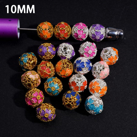 Alloy Beads with Four Leaf Clover Flowers and Hollowed Scroll Texture, 10MM, Gold and Silver