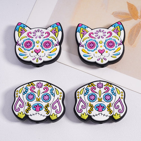 Silicone Focal Beads Cute Colorful Prints Cat Dog Head
