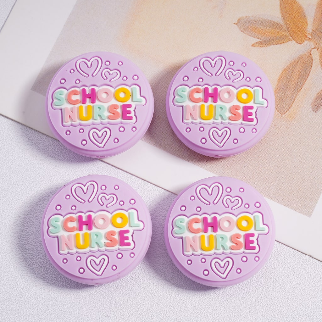 Silicone Focal Beads School Nurse with Heart Prints Round Shape Pink