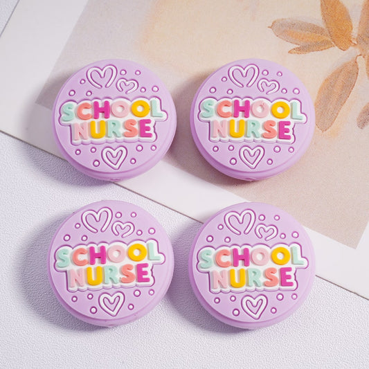Silicone Focal Beads School Nurse with Heart Prints Round Shape Pink