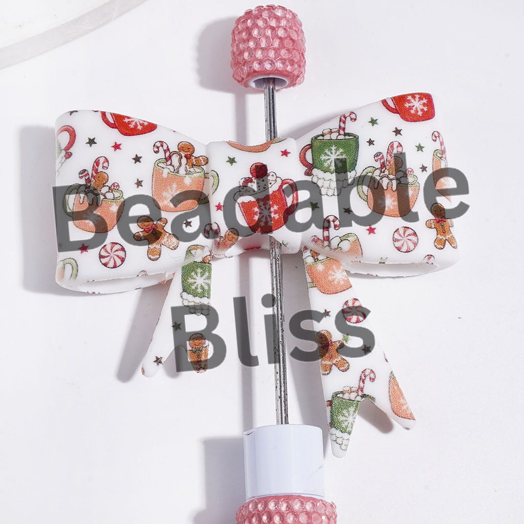 UV-Printed Silicone Focal Beads Soft Bowtie with Gingerbread Man Candy Cane Cup, 53*59MM