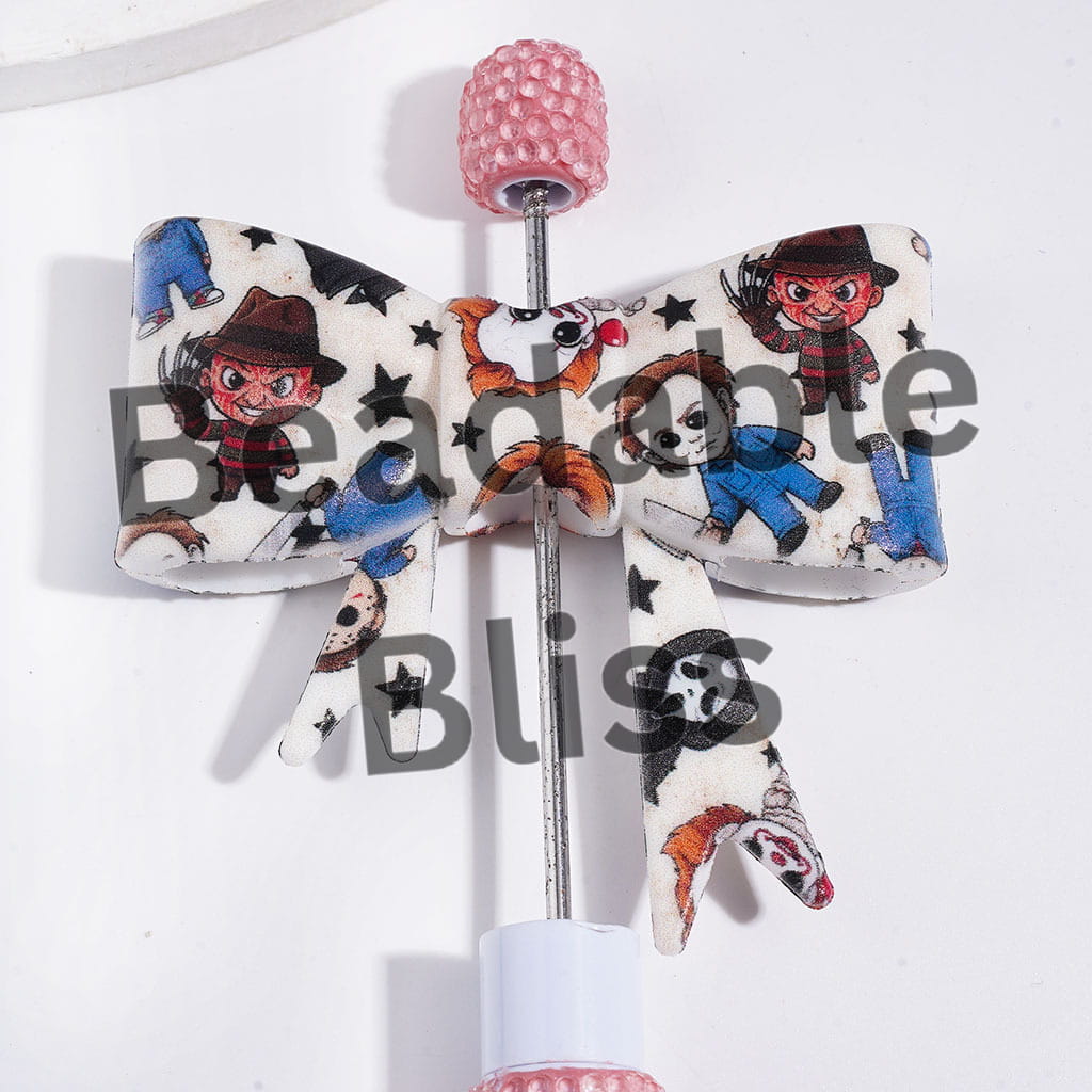 UV-Printed Silicone Focal Beads Soft Bowtie with Horror Character, 53*59MM