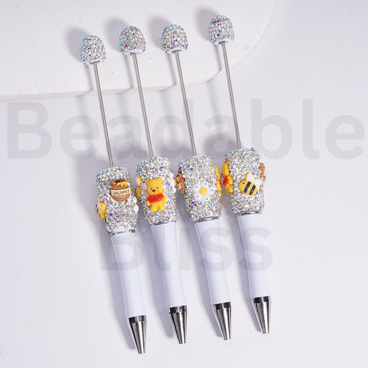 Beadable Pen with AB Rhinestones Cute Winni the Poo Flower Hunny Pot Bee