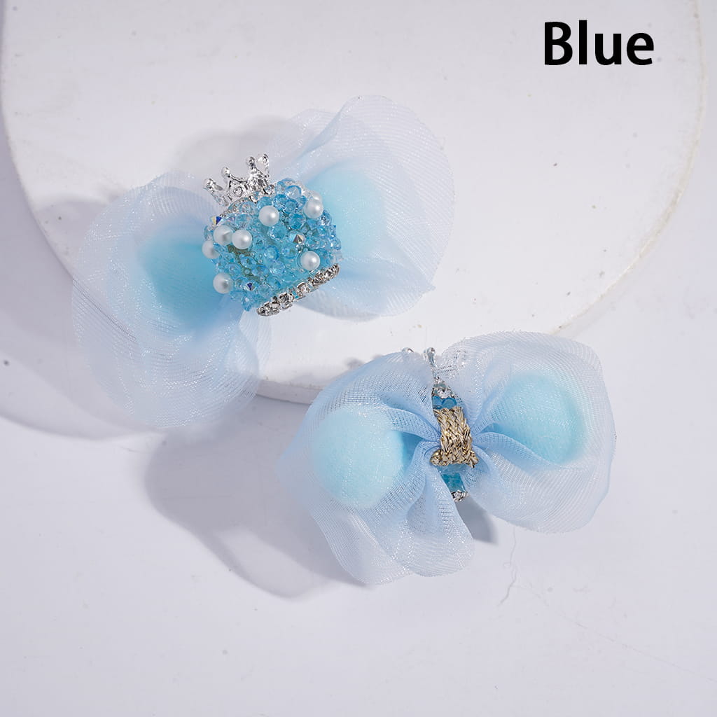 Sugar Beads with Silver Alloy Crown and Shiny Rhinestones White Pearls, Fabric Lace Bowtie with Fluffy Balls, Multi-Color