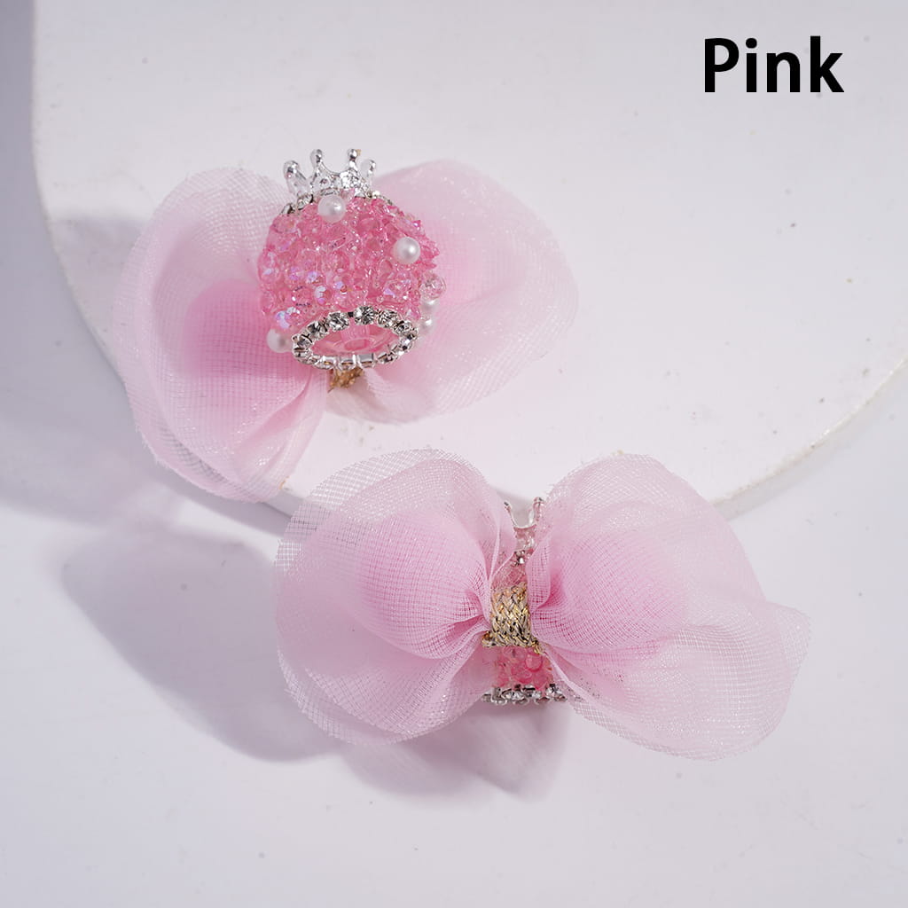 Sugar Beads with Silver Alloy Crown and Shiny Rhinestones White Pearls, Fabric Lace Bowtie with Fluffy Balls, Multi-Color