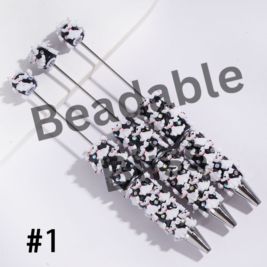 Halloween Beadable Clay Pens with Dog and AB Rhinestones, White and Black