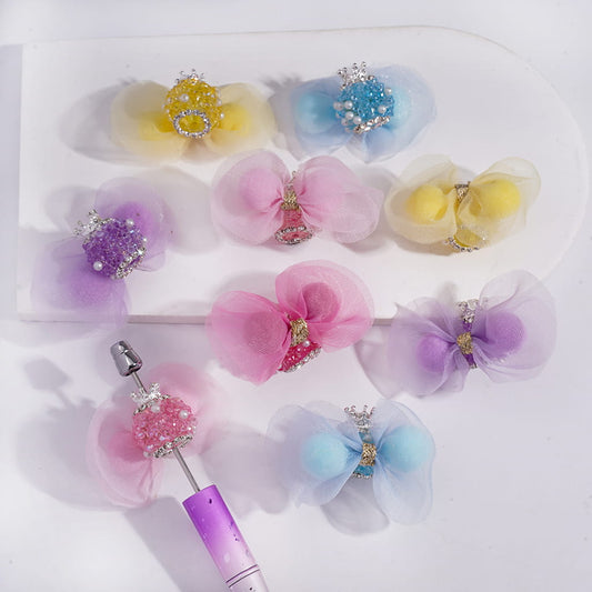 Sugar Beads with Silver Alloy Crown and Shiny Rhinestones White Pearls, Fabric Lace Bowtie with Fluffy Balls, Multi-Color