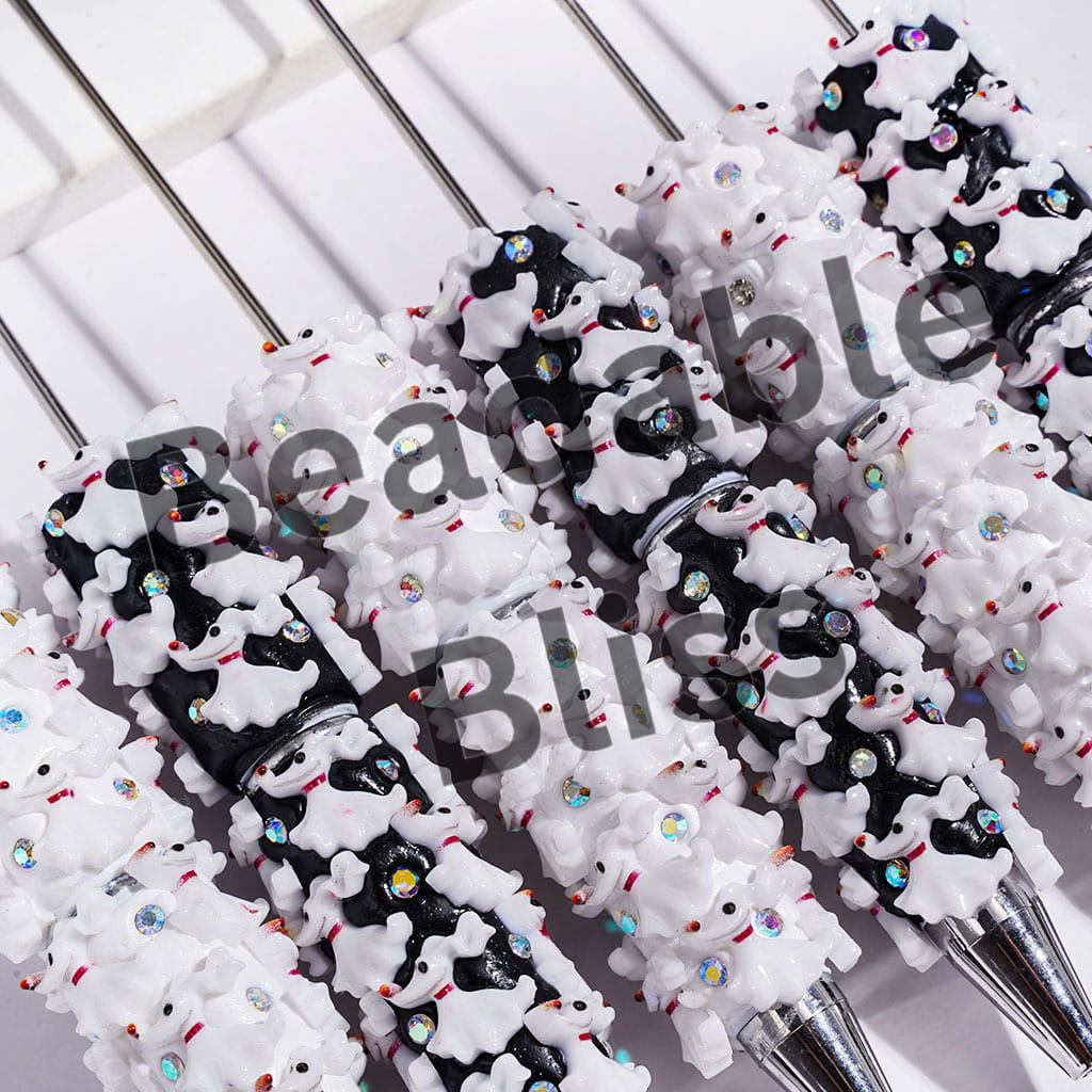 Halloween Beadable Clay Pens with Dog and AB Rhinestones, White and Black