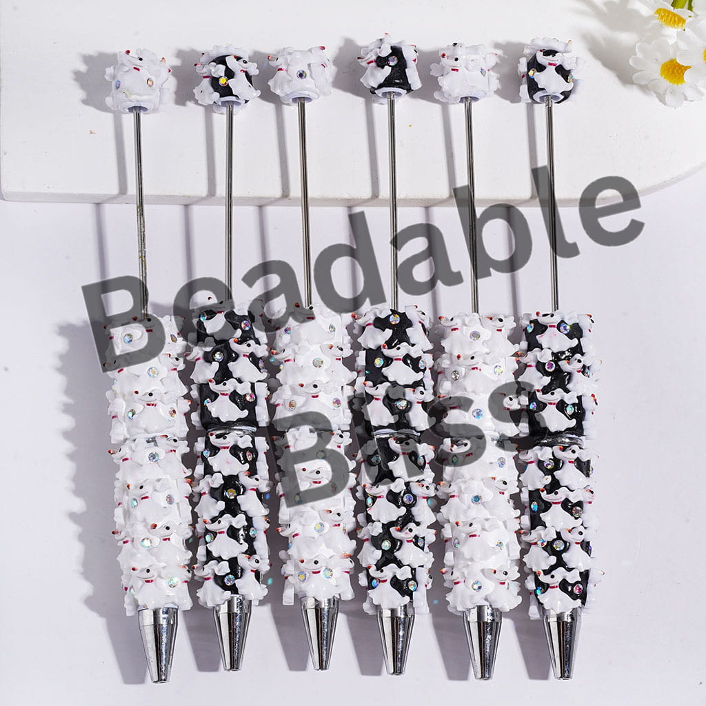 Halloween Beadable Clay Pens with Dog and AB Rhinestones, White and Black